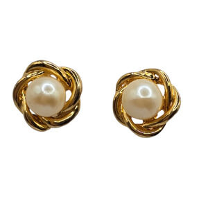 Pierced Earrings Gold Tone Faux Pearl Love Knot Rope Stud Post Vintage Classic